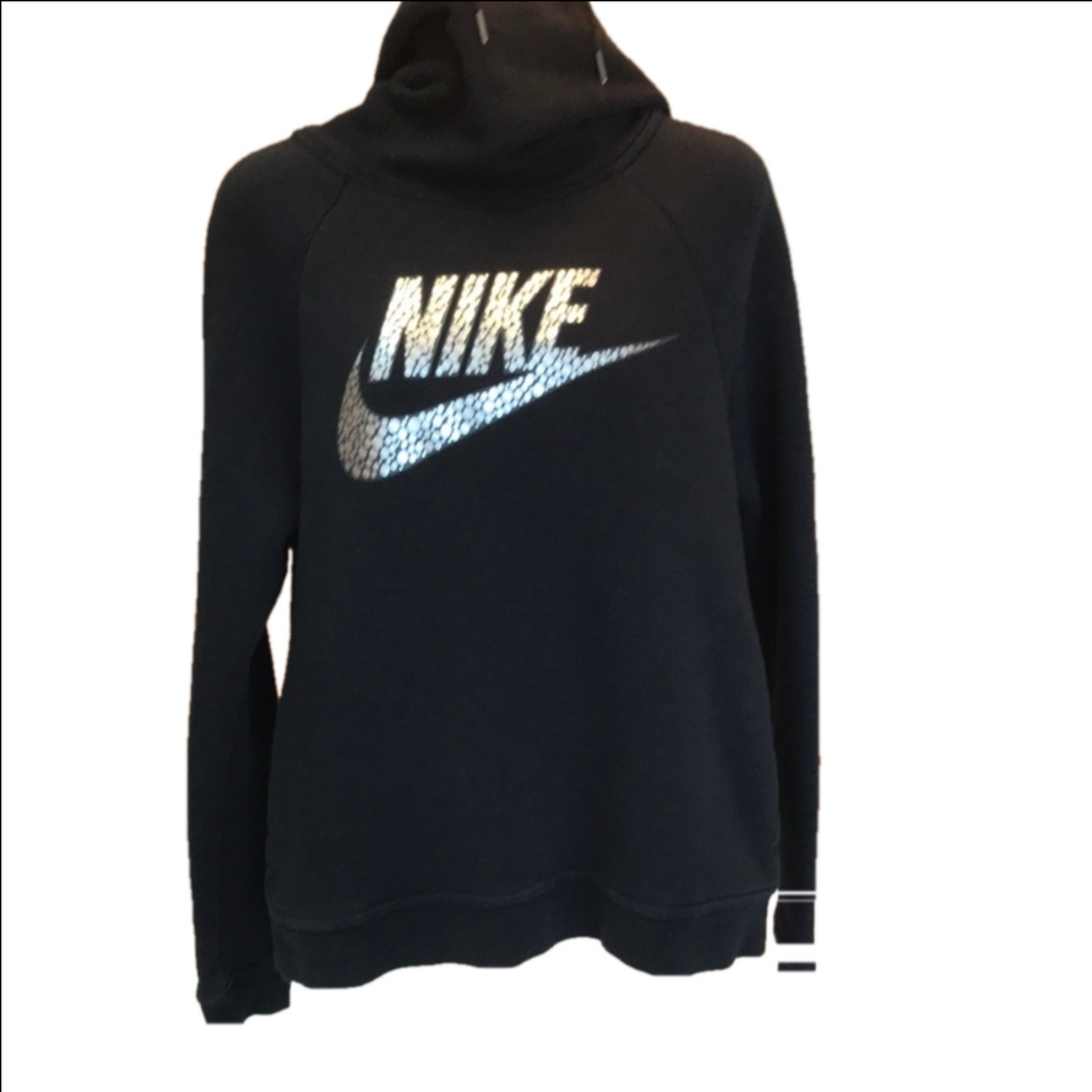 Nike Rally Funnel Neck Metallic Logo Black Sweatshirt Hoodie Pullover Women Sz S